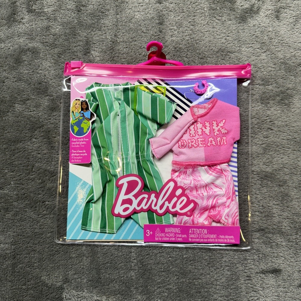 Barbie Fashions‎ Pink Dream T-shirt Skirt w/Bracelet Green Romper Outfit New!